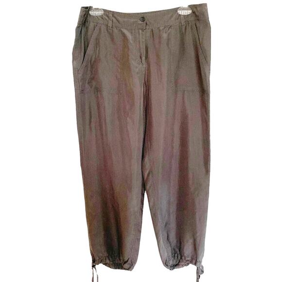 Tommy Bahama Olive 100% Silk Drawstring Hem Cropped Trousers Size 6 - Picture 2 of 7